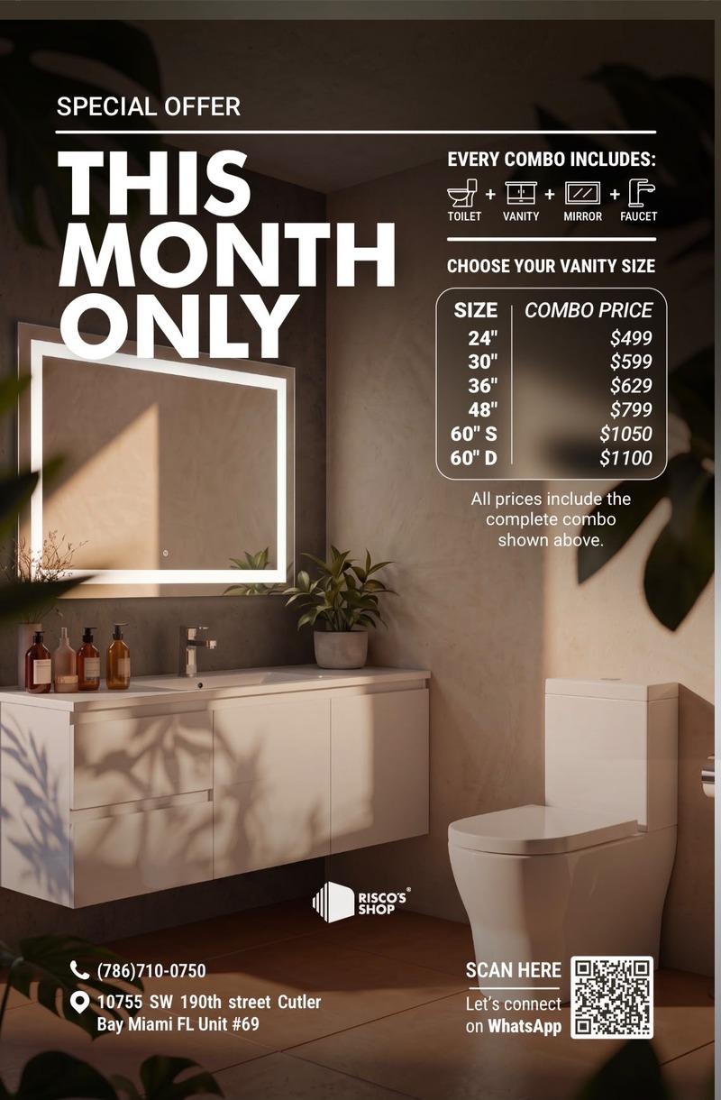 Modern White combo — flat-panel white vanity, slim LED mirror, and matching toilet