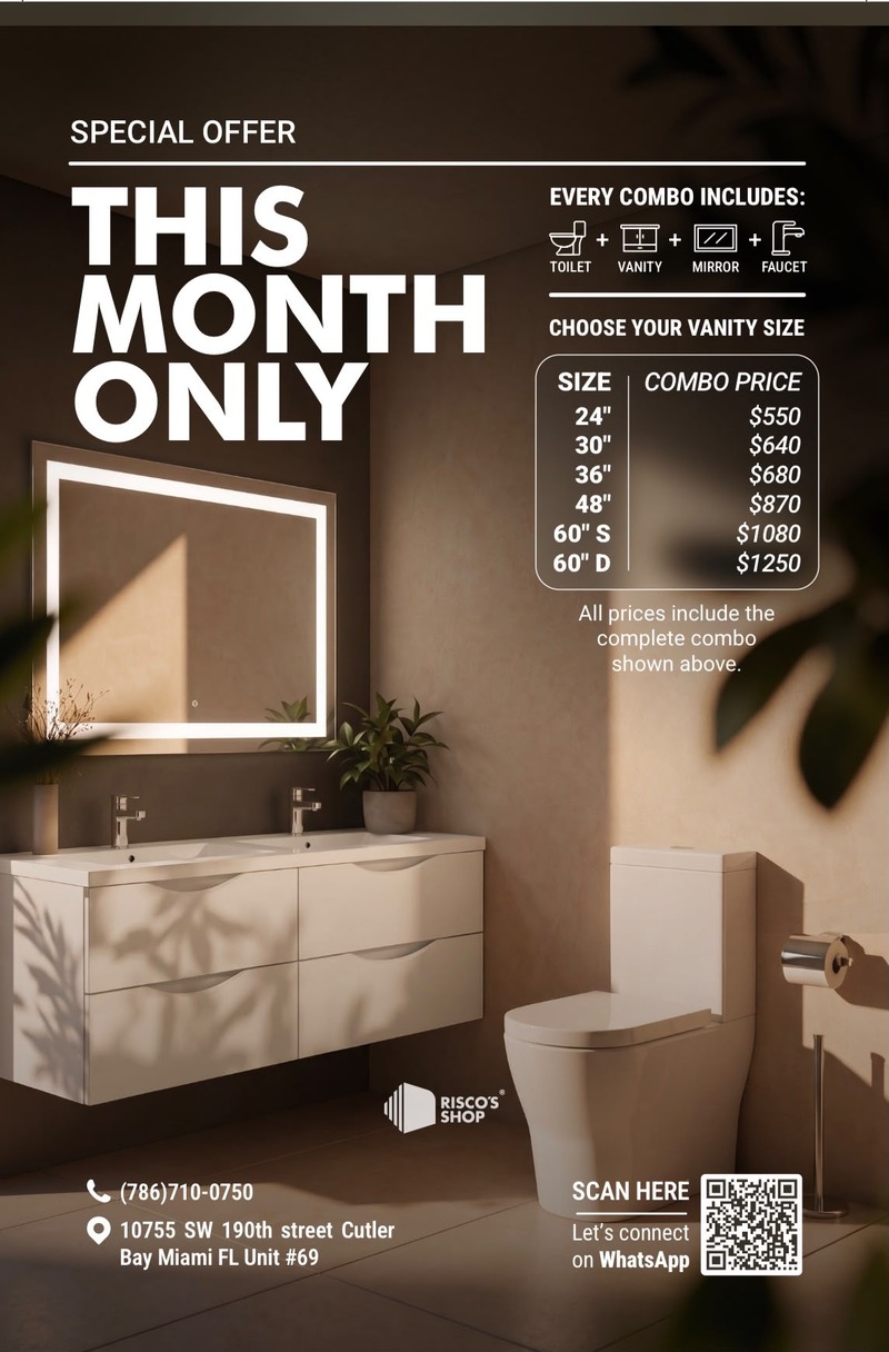 Classic White combo — glossy white vanity, backlit LED mirror, and matching toilet