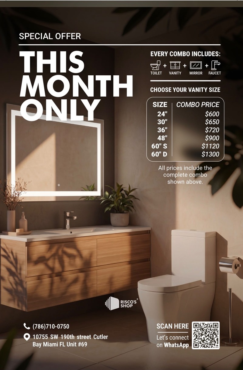 Natural Wood combo — wood-grain vanity, slim LED mirror, and matching toilet