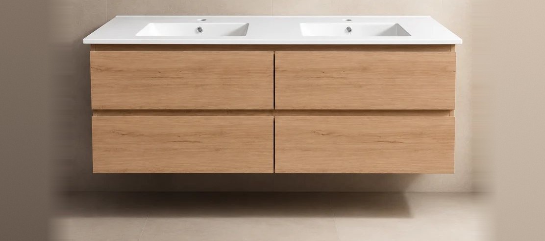 60" Floating Vanity — White Oak, Double Sink