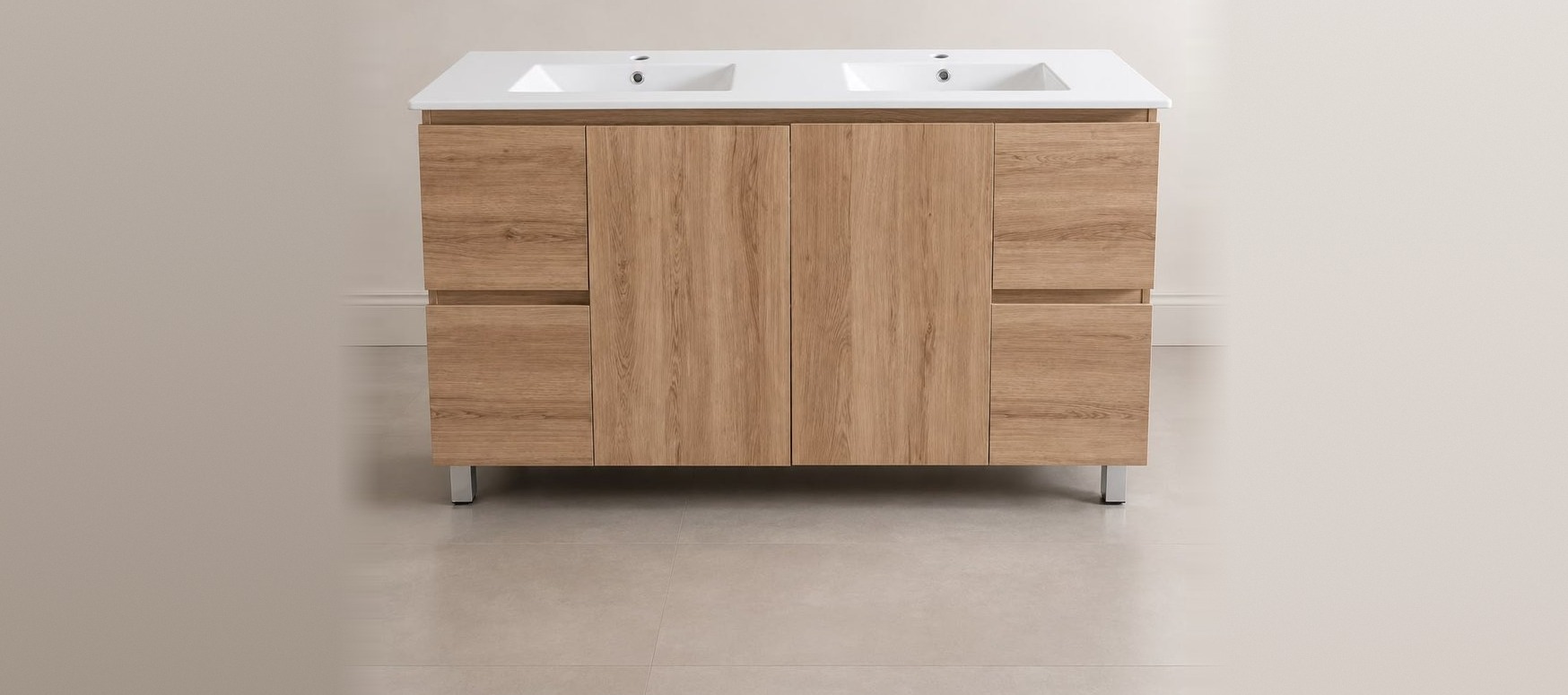 60" Freestanding Vanity — White Oak, Door Front, Double Sink