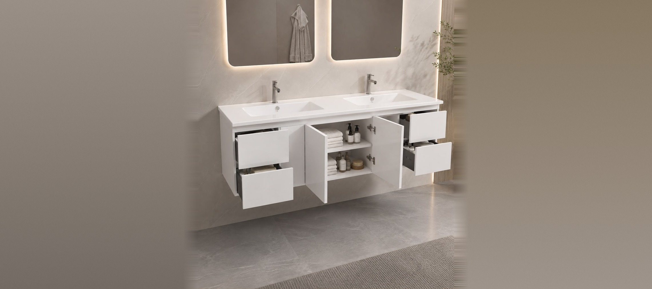 60" Floating Vanity — White, Door Front, Double Sink